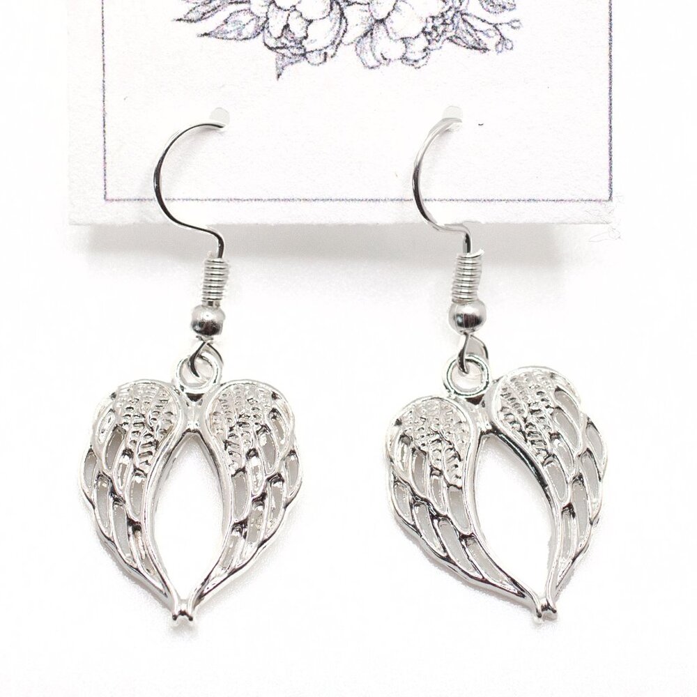 Handmade Silvertone Angel Wing Hearts Dangle Earring, New